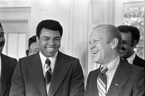 President Gerald R. Ford and Boxer Muhammad Ali in the Oval Office White Modern Wood Framed Art Print with Double Matting by U.S. Archives