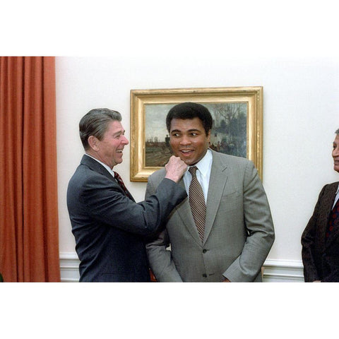 President Ronald Reagan Punching Muhammad Ali in The Oval Office White Modern Wood Framed Art Print by U.S. Archives