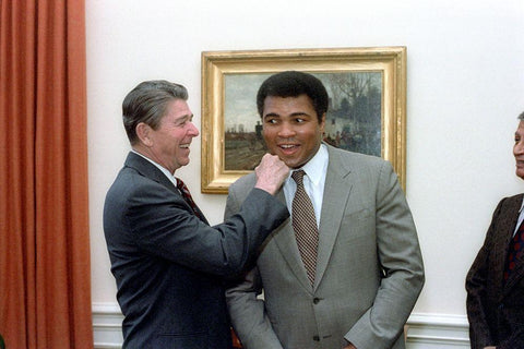 President Ronald Reagan Punching Muhammad Ali in The Oval Office Black Ornate Wood Framed Art Print with Double Matting by U.S. Archives