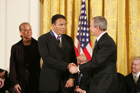 President George W. Bush Shakes Hands with Muhammad Ali White Modern Wood Framed Art Print with Double Matting by U.S. Archives