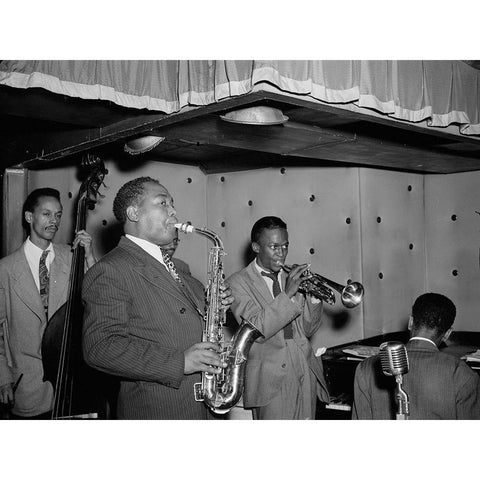 Charlie Parker-Tommy Potter-Miles Davis-Duke Jordan-Max Roach White Modern Wood Framed Art Print by Gottlieb, William