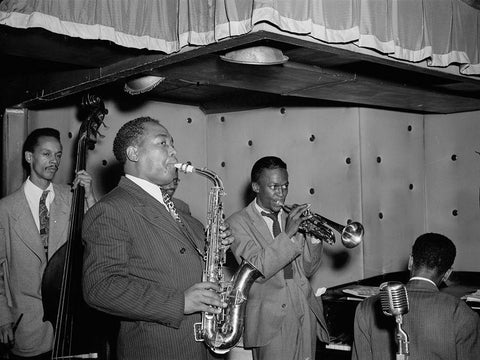 Charlie Parker-Tommy Potter-Miles Davis-Duke Jordan-Max Roach Black Ornate Wood Framed Art Print with Double Matting by Gottlieb, William