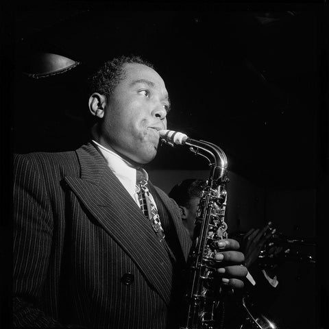 Charlie Parker in the Three Deuces of New York 1947 Gold Ornate Wood Framed Art Print with Double Matting by Gottlieb, William