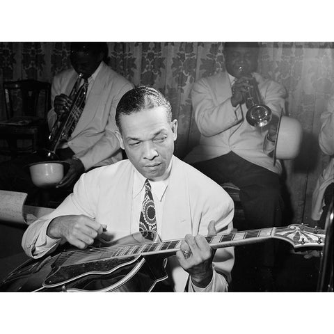 Fred Guy playing guitar at the Aquarium-New York 1946 White Modern Wood Framed Art Print by Gottlieb, William