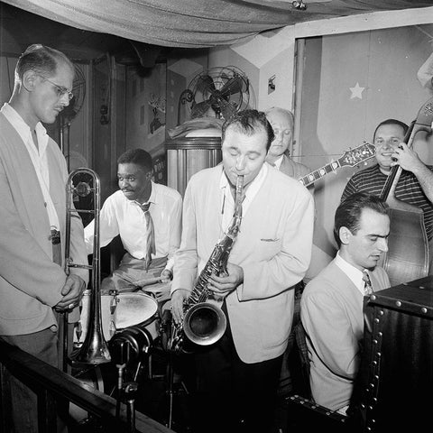 Bill Harris-Denzil Best-Flip Phillips-Billy Bauer-Lennie Tristano-Chubby Jackson-1947. Pied Piper-NY White Modern Wood Framed Art Print by Gottlieb, William