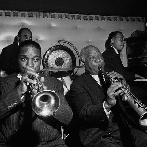 Freddie Moore-Hot Lips Page-Sidney Bechet New York 1947 White Modern Wood Framed Art Print by Gottlieb, William