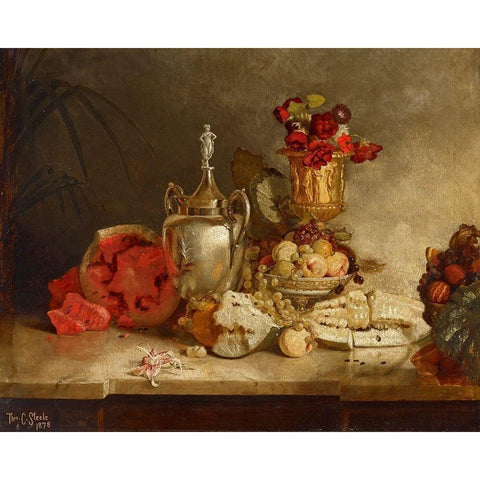 Still Life of Fruit and Urn Gold Ornate Wood Framed Art Print with Double Matting by Steele, Theodore Clement