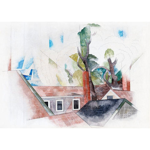 Rooftops and Trees Black Modern Wood Framed Art Print by Demuth, Charles