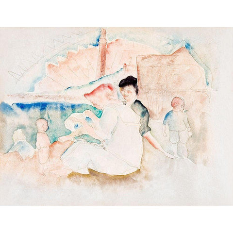 Two Women and Three Children on the Beach White Modern Wood Framed Art Print by Demuth, Charles