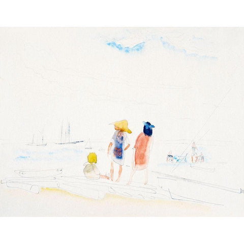 Two Women and Child on Beach White Modern Wood Framed Art Print by Demuth, Charles