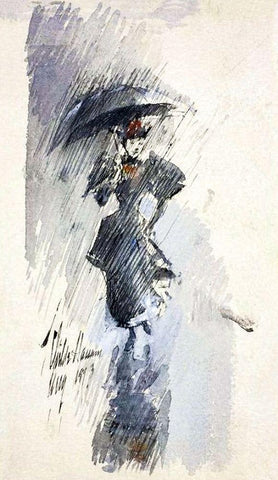 Woman with Umbrella White Modern Wood Framed Art Print with Double Matting by Hassam, Childe