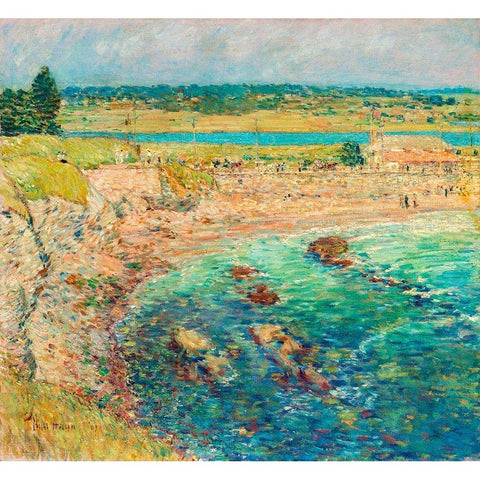 Baileyâ€™s Beach-Newport-R.I. Black Modern Wood Framed Art Print with Double Matting by Hassam, Childe