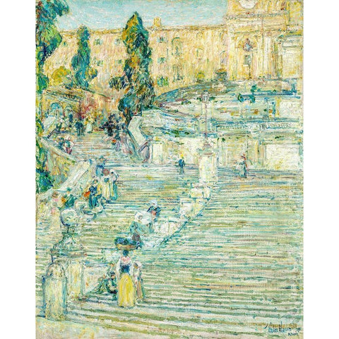 The Spanish Stairs-Rome Gold Ornate Wood Framed Art Print with Double Matting by Hassam, Childe