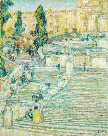 The Spanish Stairs-Rome White Modern Wood Framed Art Print with Double Matting by Hassam, Childe