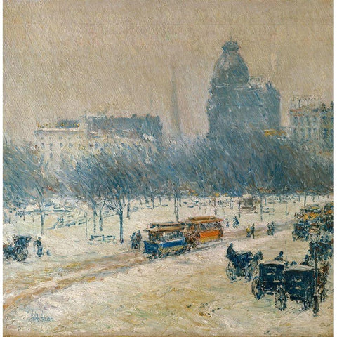 Winter in Union Square Gold Ornate Wood Framed Art Print with Double Matting by Hassam, Childe