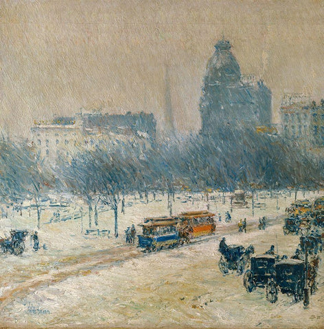 Winter in Union Square White Modern Wood Framed Art Print with Double Matting by Hassam, Childe