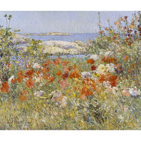 Celia Thaxters Garden Gold Ornate Wood Framed Art Print with Double Matting by Hassam, Childe