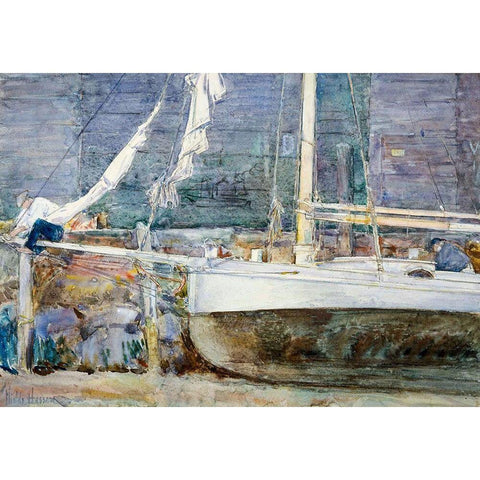 Drydock-Gloucester White Modern Wood Framed Art Print by Hassam, Childe