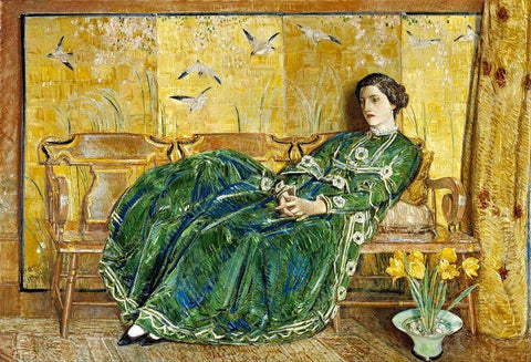 April The Green Gown Black Ornate Wood Framed Art Print with Double Matting by Hassam, Childe