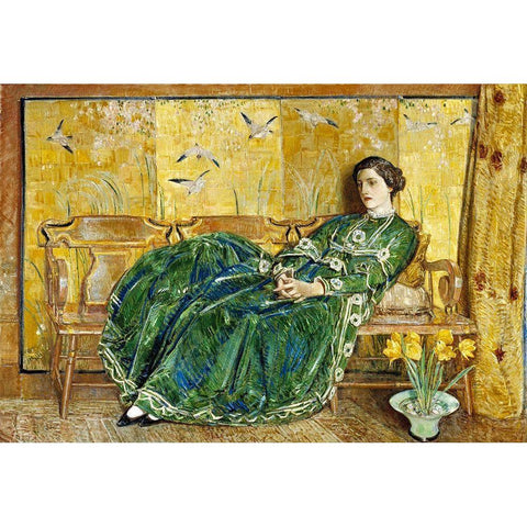 April The Green Gown Gold Ornate Wood Framed Art Print with Double Matting by Hassam, Childe