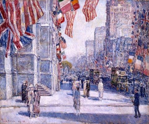 Early Morning on the Avenue in May 1917 Black Ornate Wood Framed Art Print with Double Matting by Hassam, Childe