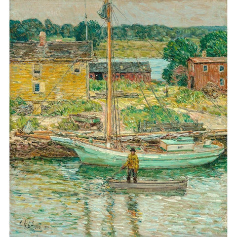 Oyster Sloop-Cos Cob White Modern Wood Framed Art Print by Hassam, Childe