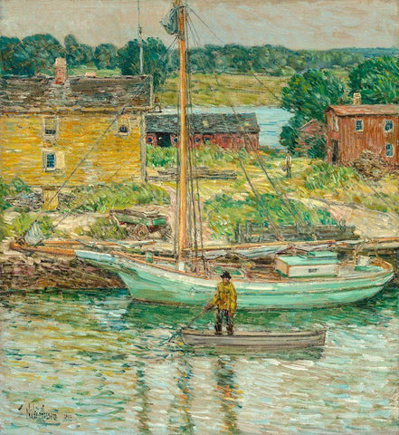 Oyster Sloop-Cos Cob White Modern Wood Framed Art Print with Double Matting by Hassam, Childe