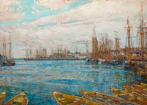 Harbor of a Thousand Masts Black Ornate Wood Framed Art Print with Double Matting by Hassam, Childe