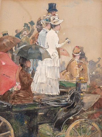 Spectators at the Grand Prix Black Ornate Wood Framed Art Print with Double Matting by Hassam, Childe