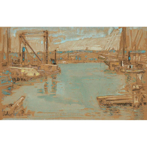 North River Dock-New York White Modern Wood Framed Art Print by Hassam, Childe