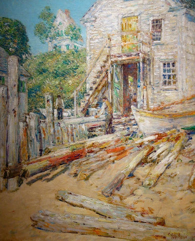 Riggers Shop-Provincetown-Mass Black Ornate Wood Framed Art Print with Double Matting by Hassam, Childe