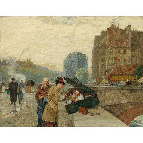 Quai St Michel Black Modern Wood Framed Art Print with Double Matting by Hassam, Childe