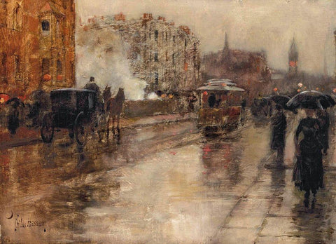 Rainy Day-Boston White Modern Wood Framed Art Print with Double Matting by Hassam, Childe