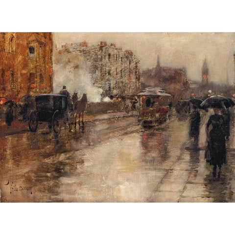 Rainy Day-Boston White Modern Wood Framed Art Print by Hassam, Childe