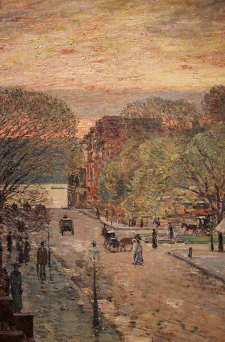 Spring on West 79th Street Black Ornate Wood Framed Art Print with Double Matting by Hassam, Childe