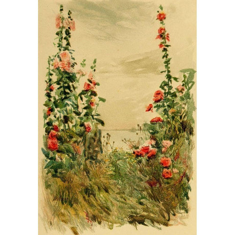 Hollyhocks White Modern Wood Framed Art Print by Hassam, Childe