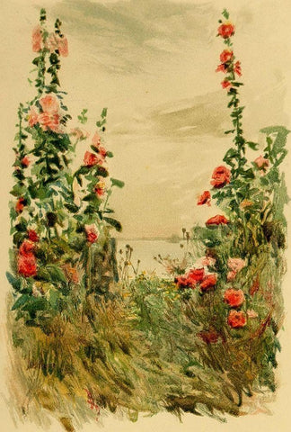 Hollyhocks Black Ornate Wood Framed Art Print with Double Matting by Hassam, Childe