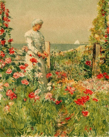 In the Garden Black Ornate Wood Framed Art Print with Double Matting by Hassam, Childe