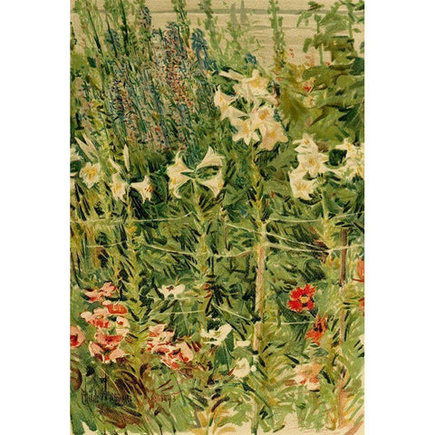 Larkspurs and Lilies Gold Ornate Wood Framed Art Print with Double Matting by Hassam, Childe