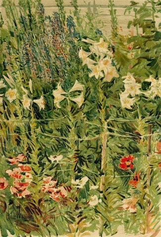 Larkspurs and Lilies Black Ornate Wood Framed Art Print with Double Matting by Hassam, Childe