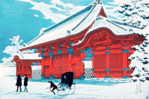 The Red Gate of Hongo in Snow White Modern Wood Framed Art Print with Double Matting by Takahashi, Hiroaki