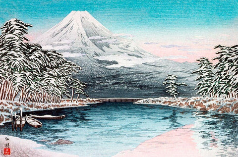 Mt Fuji from Tagonoura-Snow Scene White Modern Wood Framed Art Print with Double Matting by Takahashi, Hiroaki