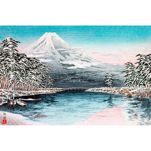 Mt Fuji from Tagonoura-Snow Scene Gold Ornate Wood Framed Art Print with Double Matting by Takahashi, Hiroaki