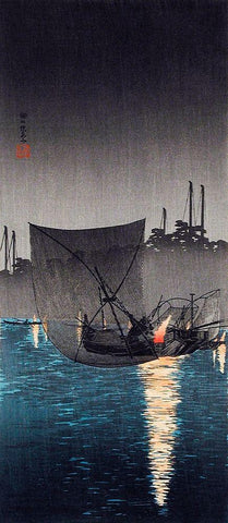 Tsukuda Island-Fishing Nets at Night Black Ornate Wood Framed Art Print with Double Matting by Takahashi, Hiroaki