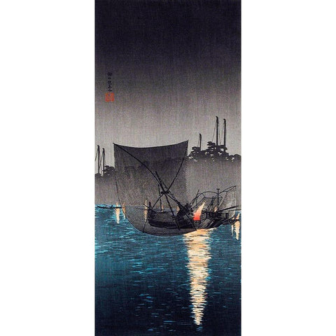 Tsukuda Island-Fishing Nets at Night Black Modern Wood Framed Art Print with Double Matting by Takahashi, Hiroaki