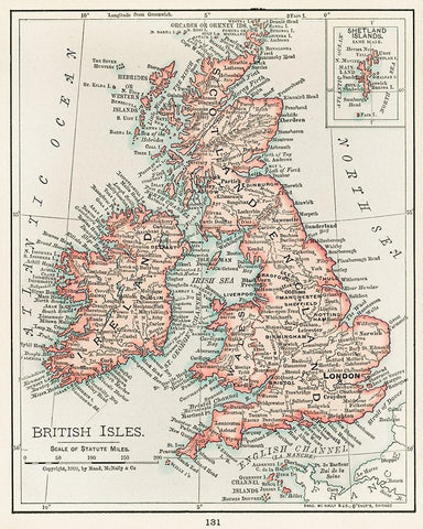 A cartographic map of the British Isles Black Ornate Wood Framed Art Print with Double Matting by Vintage Maps