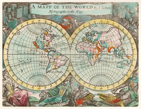 A mapp of the world 1682 White Modern Wood Framed Art Print with Double Matting by Playford, John