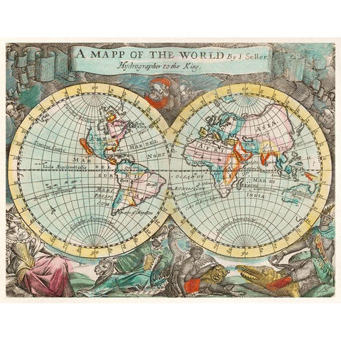 A mapp of the world 1682 Black Modern Wood Framed Art Print with Double Matting by Playford, John