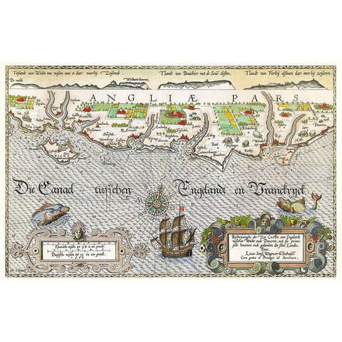 Map of the South England coast between the Isle of Wight and Dover Gold Ornate Wood Framed Art Print with Double Matting by Doetechum, Joannes van