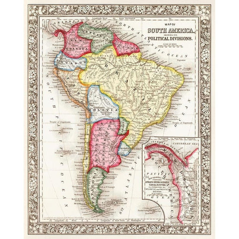 Map of South America 1863 White Modern Wood Framed Art Print by Mitchell, Samuel Augustus